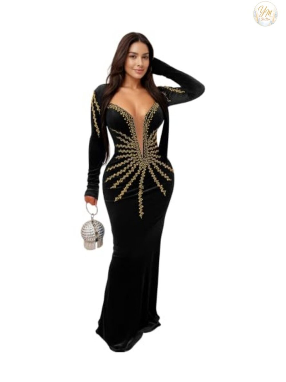 Rhinestone Lace Sheer Mesh Long Sleeve Evening Dress